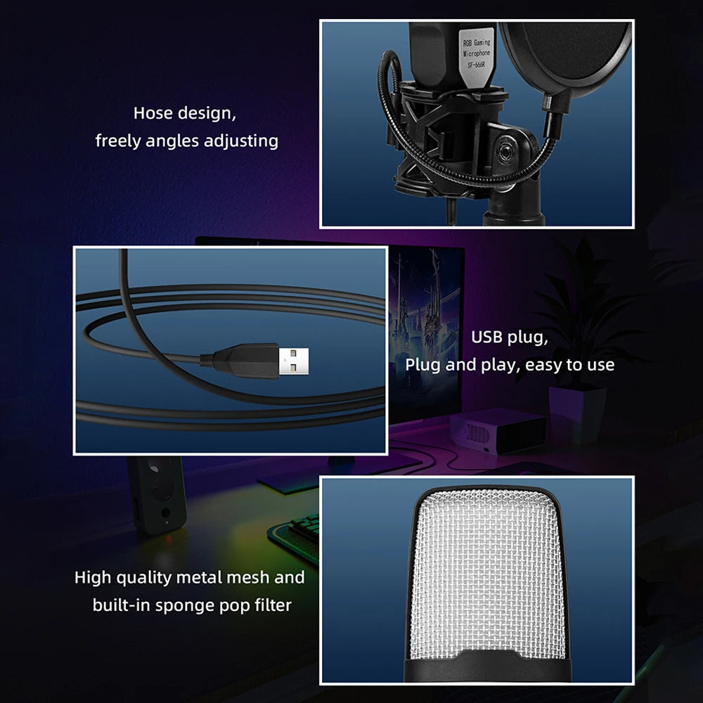 Condenser Microphone RGB Seven Color Luminous Microphone with Shock Mount