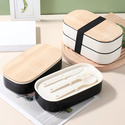 Simple Bamboo Double Layer Sealed Lunch Box with Tableware