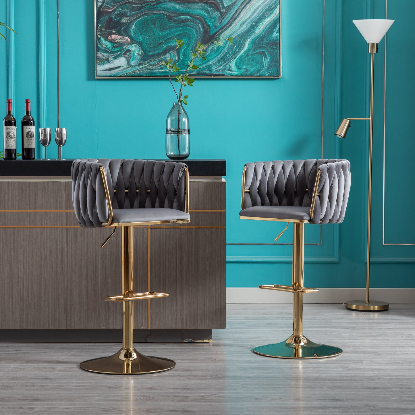 Set of 2 Bar Stools with Chrome Footrest and Base Swivel Height  Velvet + Golden Leg Simple Bar Stool-Grey