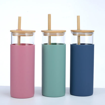 Bamboo Covered Single Layer High Borosilicate Glass Cup With Silicone Sleeve Straw Water Cup, Simple And Easy To Use Cup