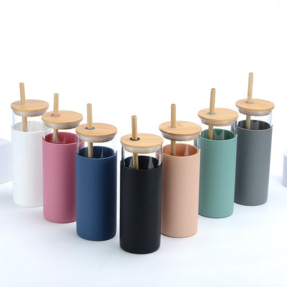 Bamboo Covered Single Layer High Borosilicate Glass Cup With Silicone Sleeve Straw Water Cup, Simple And Easy To Use Cup