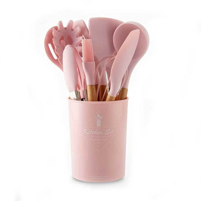 11-Piece Barreled Cooking Utensils Set With Wooden Handle Pink