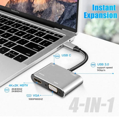 USB C Hub 4 in 1 Type C 3.0 Adapter to 4K HDMI VGA PD Fast Charge Splitter Docking Station Hub for Phone MacBook Laptop Computer