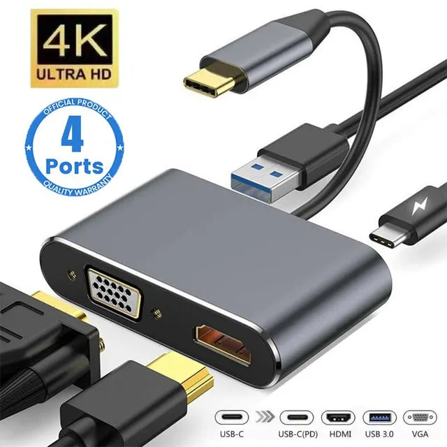 USB C Hub 4 in 1 Type C 3.0 Adapter to 4K HDMI VGA PD Fast Charge Splitter Docking Station Hub for Phone MacBook Laptop Computer