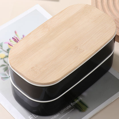 Simple Bamboo Double Layer Sealed Lunch Box with Tableware