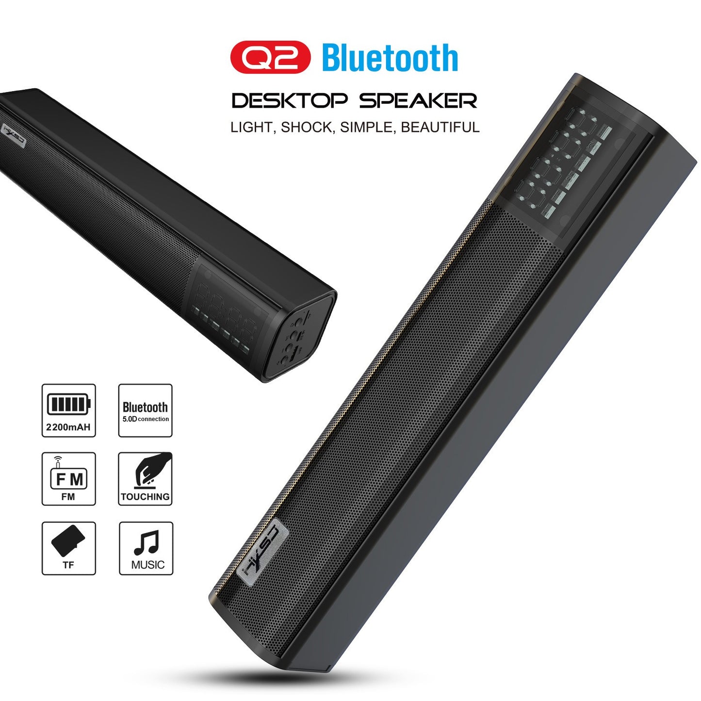 Q2 Bluetooth 5.0 Bluetooth speaker with 10W power and built-in 2200mAh battery long strip speaker