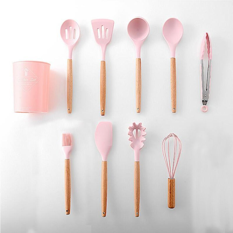 11-Piece Barreled Cooking Utensils Set With Wooden Handle Pink