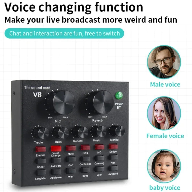 V8 Professional Sound Card - Recording Studio Equipment Voice Changer Audio Interface SoundCard