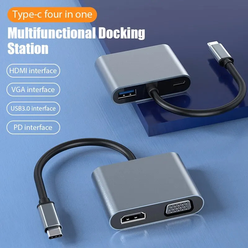 USB C Hub 4 in 1 Type C 3.0 Adapter to 4K HDMI VGA PD Fast Charge Splitter Docking Station Hub for Phone MacBook Laptop Computer