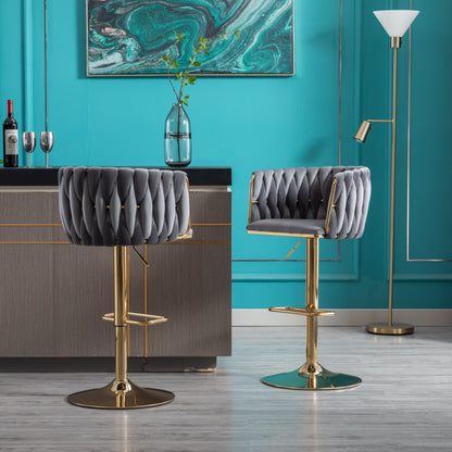 Set of 2 Bar Stools with Chrome Footrest and Base Swivel Height  Velvet + Golden Leg Simple Bar Stool-Grey