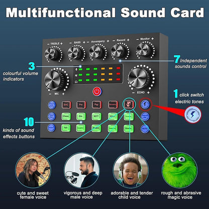 V8S Audio Mixer with Voice Changer, Podcast Mixer, Sound Card for Phone Gaming Karaoke Studio Live Streaming Podcast