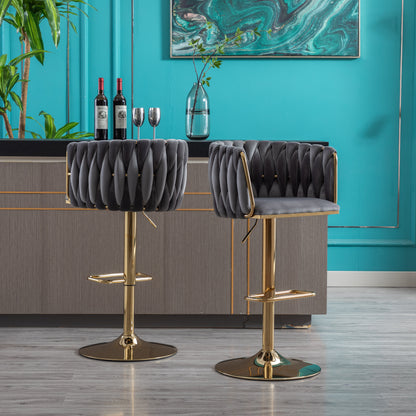 Set of 2 Bar Stools with Chrome Footrest and Base Swivel Height  Velvet + Golden Leg Simple Bar Stool-Grey