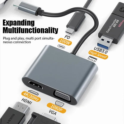 USB C Hub 4 in 1 Type C 3.0 Adapter to 4K HDMI VGA PD Fast Charge Splitter Docking Station Hub for Phone MacBook Laptop Computer