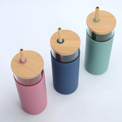 Bamboo Covered Single Layer High Borosilicate Glass Cup With Silicone Sleeve Straw Water Cup, Simple And Easy To Use Cup