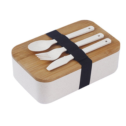 Simple Bamboo Double Layer Sealed Lunch Box with Tableware