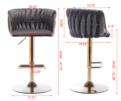 Set of 2 Bar Stools with Chrome Footrest and Base Swivel Height  Velvet + Golden Leg Simple Bar Stool-Grey