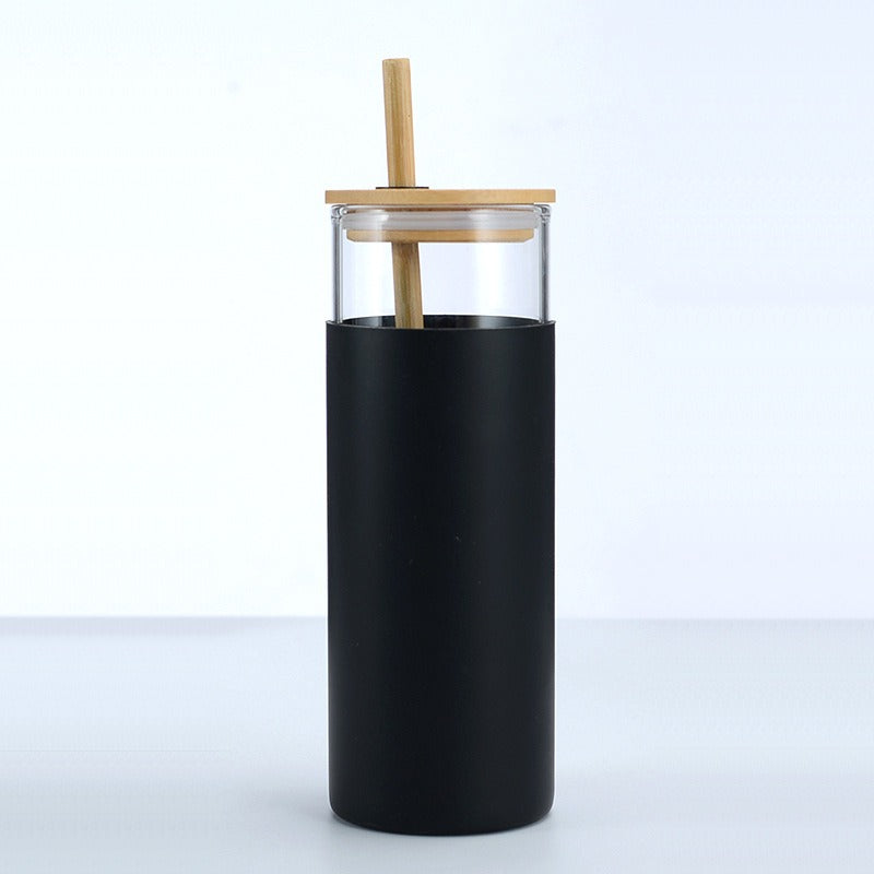 Bamboo Covered Single Layer High Borosilicate Glass Cup With Silicone Sleeve Straw Water Cup, Simple And Easy To Use Cup